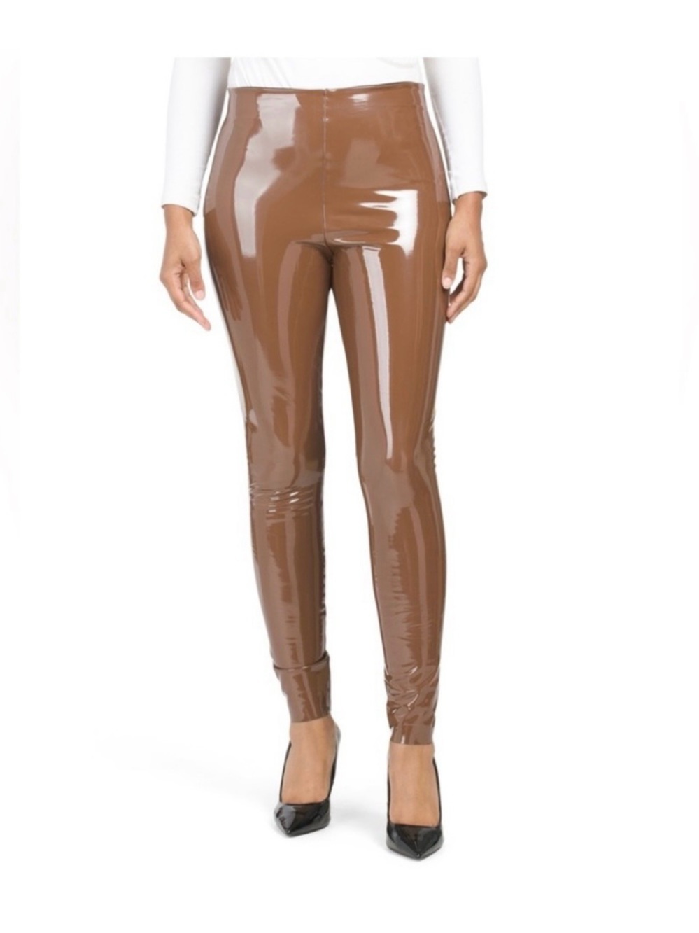 Commando Glossy High-Waist Vegan Leather Leggings - Brown